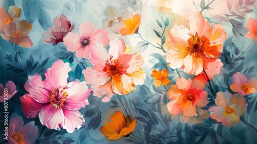 Soft pastel watercolor paintings in serene shades of pink and blue beautifully capture delicate flowers and leaves.