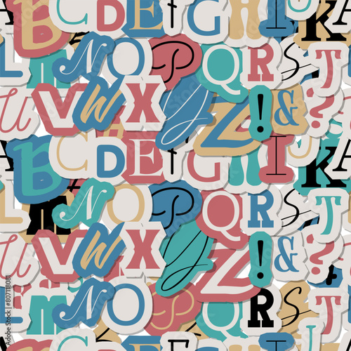 Journal cut letters seamless pattern. Vintage Colorful alphabet letters made of newspaper magazine font type typography note background. Vector design.