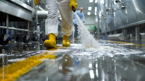 Employees are meticulously cleaning floors according to HACCP guidelines in a food and pharmaceutical manufacturing facility.