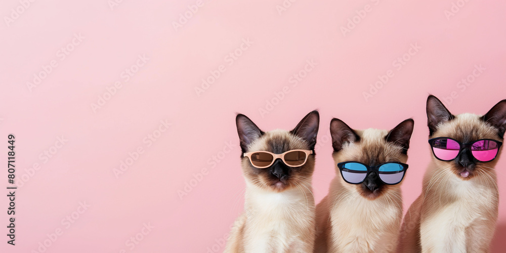 Gatos siamês usando óculos escuros no fundo rosa 