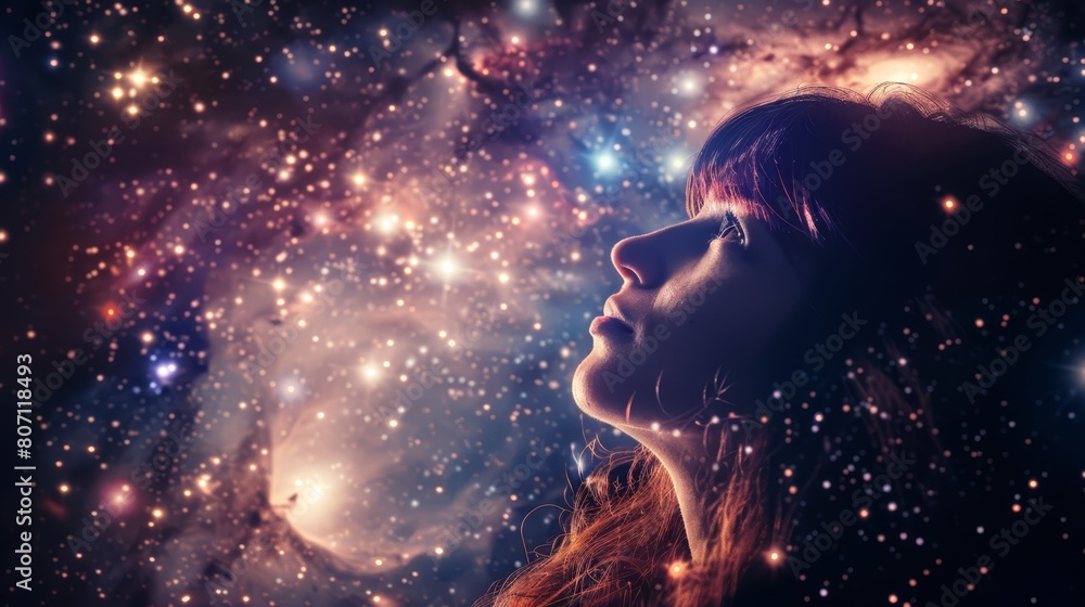   A woman with closed eyes gazes at the star-filled sky, surrounded by stars and a prominent star cluster in the background