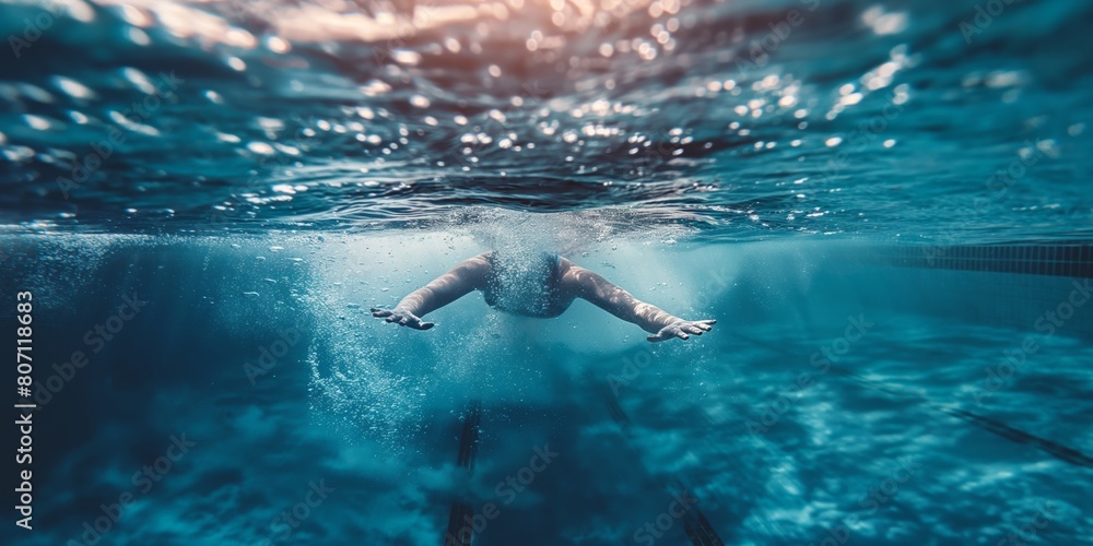A dynamic underwater perspective captures a swimmer plunging forward with sheer force, cutting through the blue water's depths