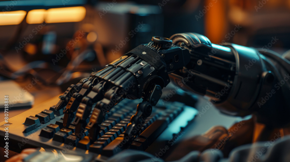Fototapeta premium Futuristic Robotic Hand Typing on Laptop at Modern Workspace. Generative ai