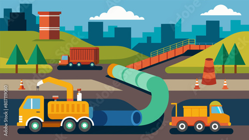 Constructing a temporary sewage bypass system to redirect waste during construction of new pipelines.. Vector illustration