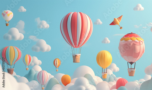 3d colorful hot air balloons and clouds flying in the sky. Background for international aerial festivals
