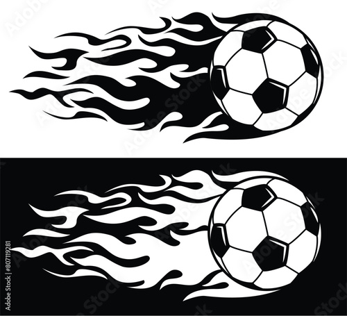 Fire football soccer ball icon. Vector logo design element on transparent and black background