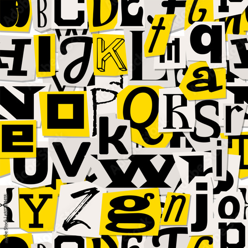 Magazine cut out letters collage. Seamless pattern with newspaper clippings with capital letters anonymous art. Vector retro background.