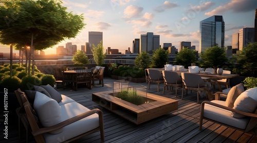 Panoramic view of a modern rooftop terrace with tables and chairs