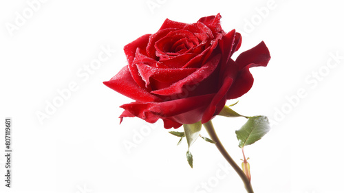 A single red rose in full bloom stands out against a crisp white background