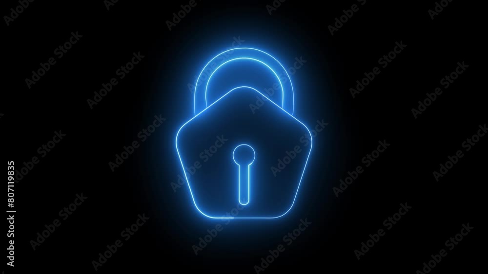 Lock logo icon animation with neon glowing lines on a black background. Lock logo icon animation with neon glowing lines on a black background.