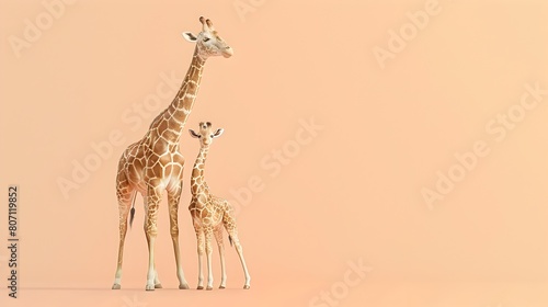 Serene Giraffe Mother Tenderly Holding Newborn Calf in Tranquil Pastel Landscape photo