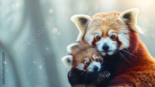 Tender Embrace of a Red Panda Mother Holding Her Baby on a Soft Pastel Background