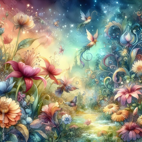 Abstract watercolor enchanted garden with magical flowers and cr photo