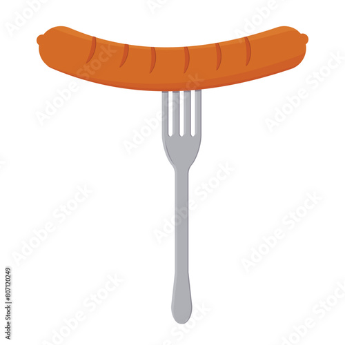 sausage on a fork, color isolated vector illustration on a white background