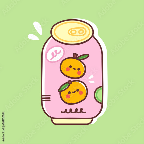 Orange flavored soda in a cute can. Vector illustration of a fresh summer fizzy drink. Carbonated sweet beverage with fruit flavor in colorful flat style.