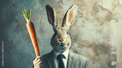 Businessman wearing suit with rabbit animal head and hand holding carrot , Carrot and stick concept photo