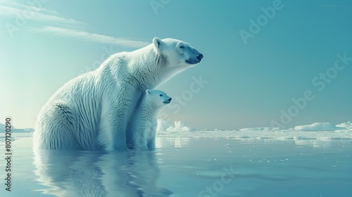 Peaceful Polar Bear Mother and Cub Embracing in Serene Arctic Landscape