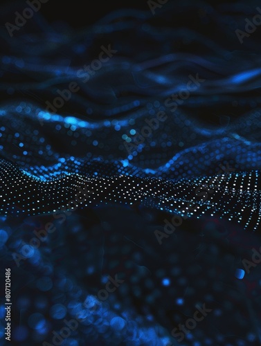 Illustration Abstract wave motion pattern and dynamic mesh line on dark blue background. Digital cyberspace, high tech, technology concept