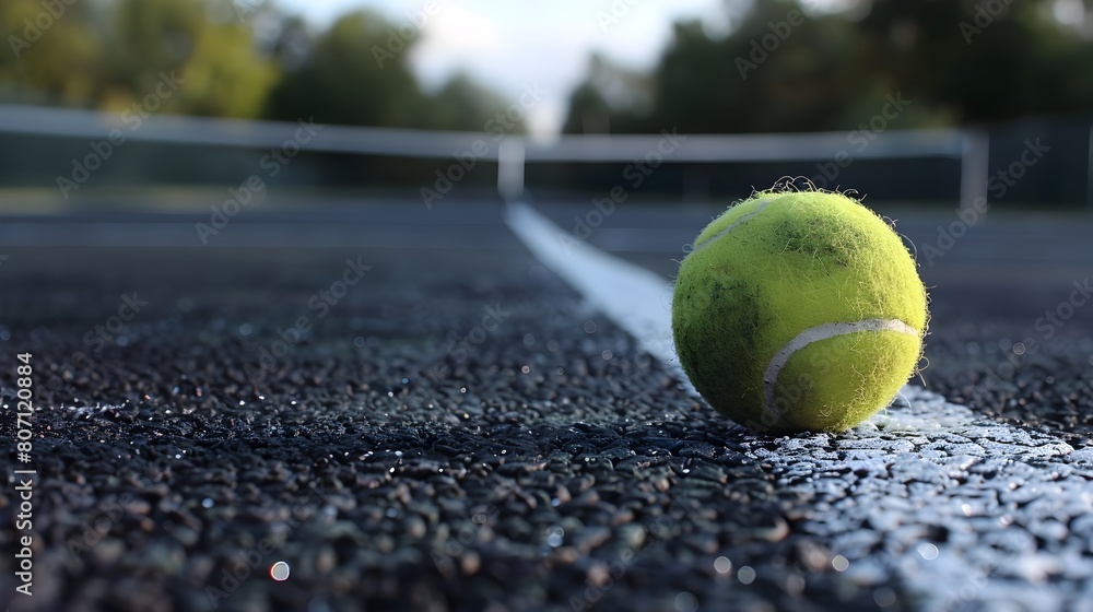 Clean New Tennis Ball Resting on Tennis Court Baseline with Surrounding Court Surface Visible in