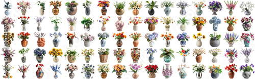 Many flower and plant in vase set of different flower and docoration style of red rose  gebera  sunflower  aloe vera  lavender  orchid and many more flowers  isolated on transparent background AIG44