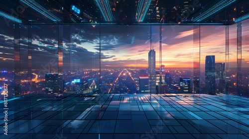 An elevated modern high-tech platform providing a panoramic view of a sprawling futuristic cityscape at night, depicted in a captivating 3D rendering.