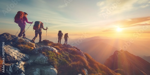 A vibrant photo of a group of hikers reaching the summit of a mountain to witness a breathtaking sunrise