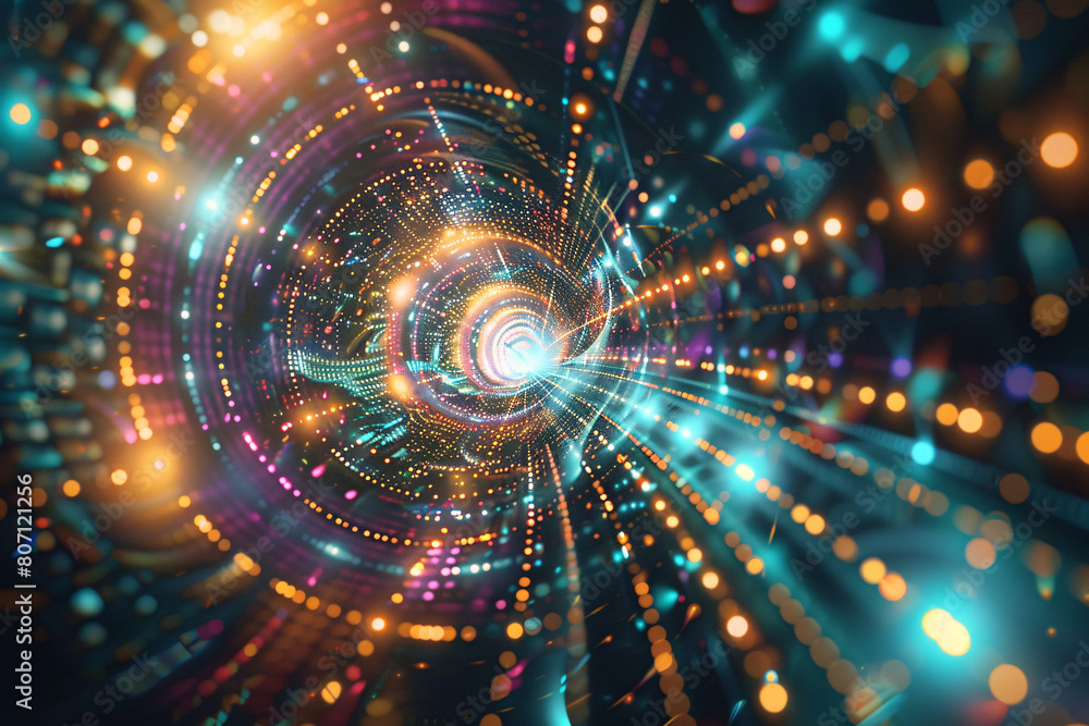 Vivid abstract representation of a wormhole in space with glowing, multicolored lights and circular motion Vivid abstract representation of a wormhole in space with glowing, multicolored lights and circular motion