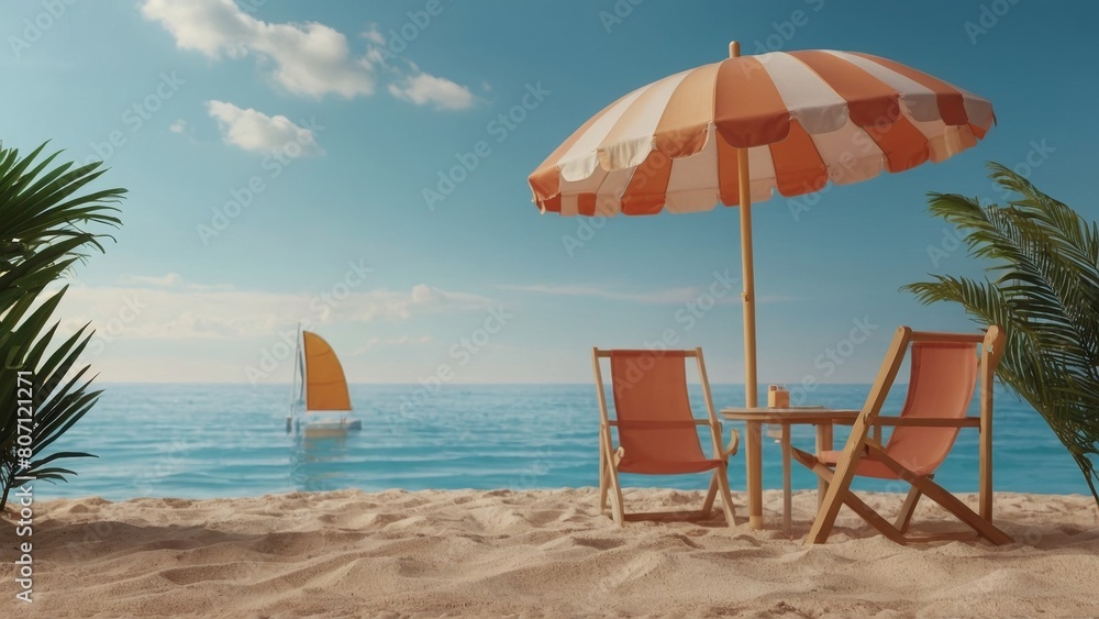A beach scene with a sailboat in the water and an umbrella on the sand
