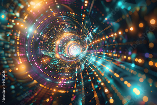 Vivid abstract representation of a wormhole in space with glowing, multicolored lights and circular motion