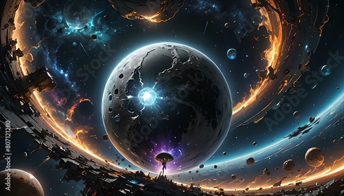 Futuristic space background with planets and stars. 3D rendering