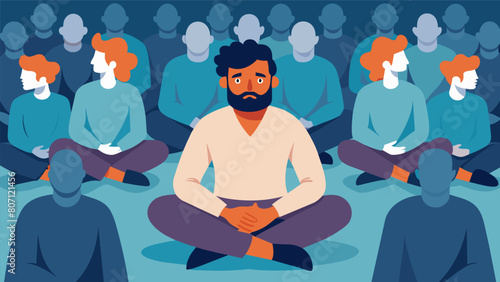 A man calmly sitting in a chaotic crowd embodying the stoic ability to remain unperturbed by external pressures.. Vector illustration