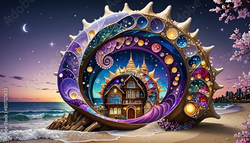 Illustration of a fairy tale house on the beach at night.