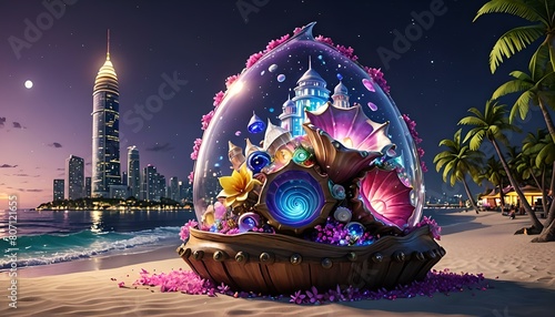 Fantasy scene with magic crystal ball on the beach. 3d rendering