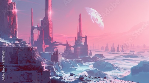 Concept art portraying a cyberpunk-inspired Sci-Fi City set within a futuristic landscape, characterized by pink and blue tones and futuristic-style buildings stretching to the horizon. photo