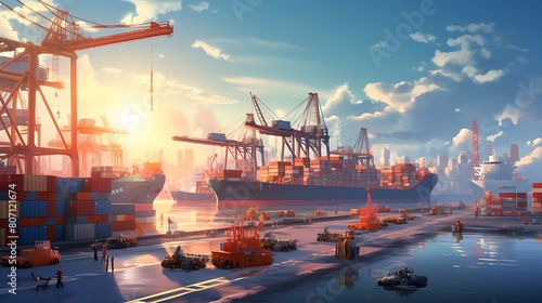 A bustling harbor transformed into a lively animated port town, with ships of all shapes and sizes docking at the quayside and animated dockworkers loading and unloading cargo. photo