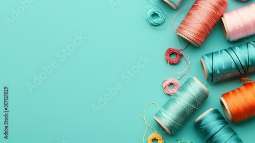 Colorful Sewing Threads Arranged on Teal Textile Background in Flat Lay Composition