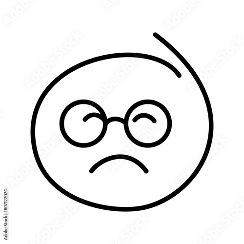 A black and white drawing of an ordinary emoticon, smiley bespectacled man wearing round glasses with closed eyes is sad, offended