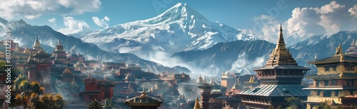 An enchanting view of traditional Nepalese architecture with the majestic snowy mountain in the background, serene sky, and clouds