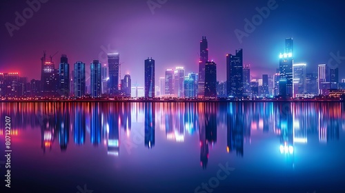 Depiction of the reflection of light from a night megacity on a water surface, offering a captivating visual portrayal of urban life at night.