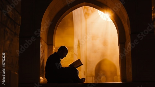 Silhouette of a muslim man reading the holy quran in a mosque, with a dark background and light coming from behind an arched wall, in the style of backlit photography, with round lighting