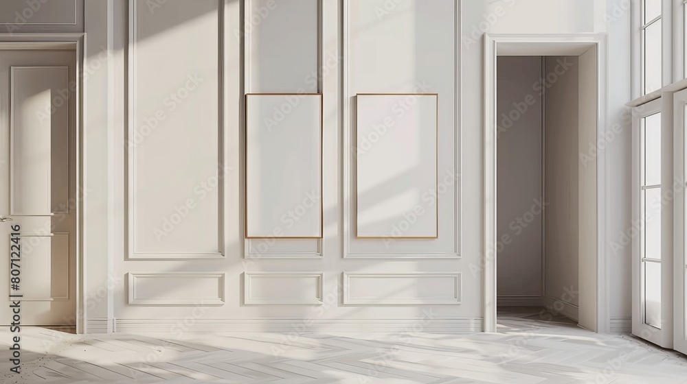 Fototapeta premium Featuring a frame mock-up within a minimalist interior setting, serving as a gallery wall mock-up and poster mock-up, presented in a 3D rendering.