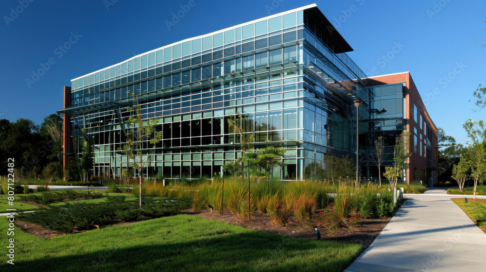 Fototapeta premium Contemporary office building with glass facade surrounded by trees under clear blue sky