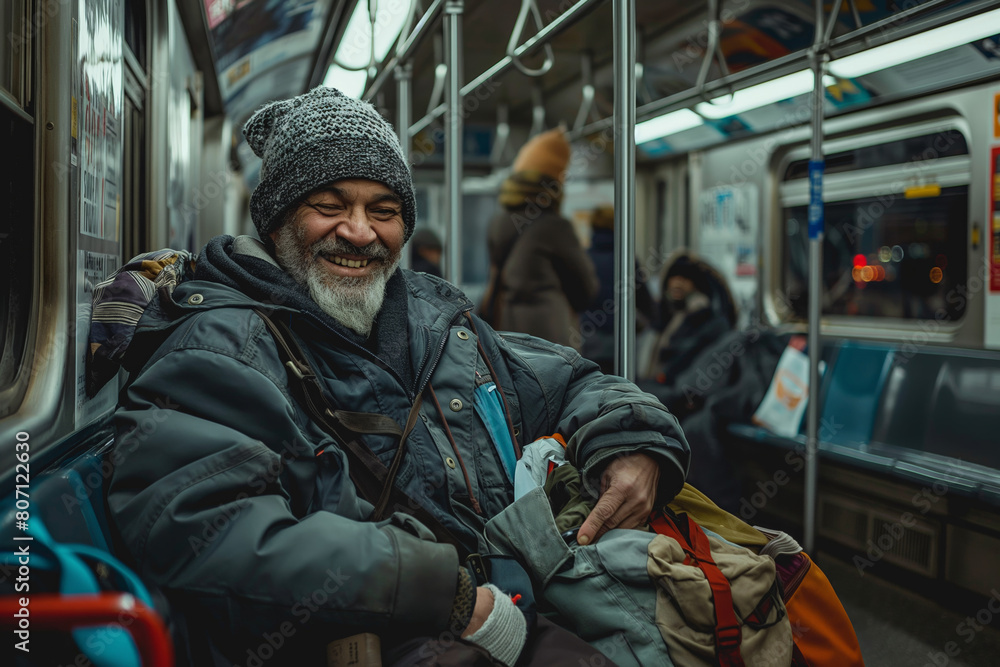 Contented Elderly Man Smiling While Riding The Crowded Urban Subway Train. Positive homeless Contented Elderly Man Smiling While Riding The Crowded Urban Subway Train. Positive homeless