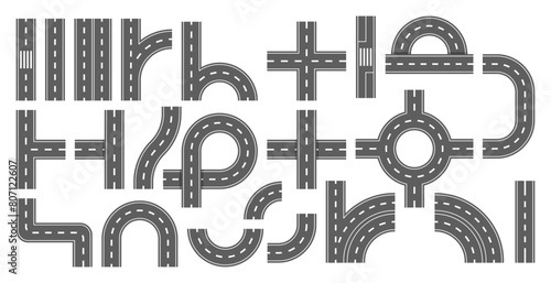 Collection Of Road Sections For Creating Intricate Maps Or Designs. Various Road Types Such As Straight Paths