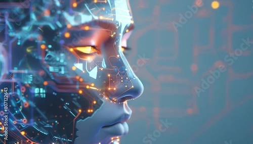 A digital artwork featuring an AI robot head with circuitry and glowing lights
