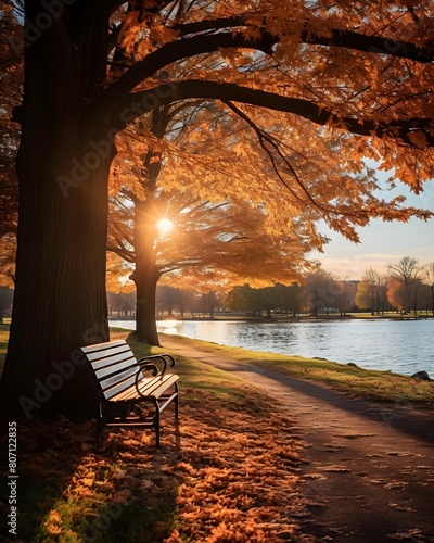 Autumn park with bench and trees at sunset. Beautiful nature background