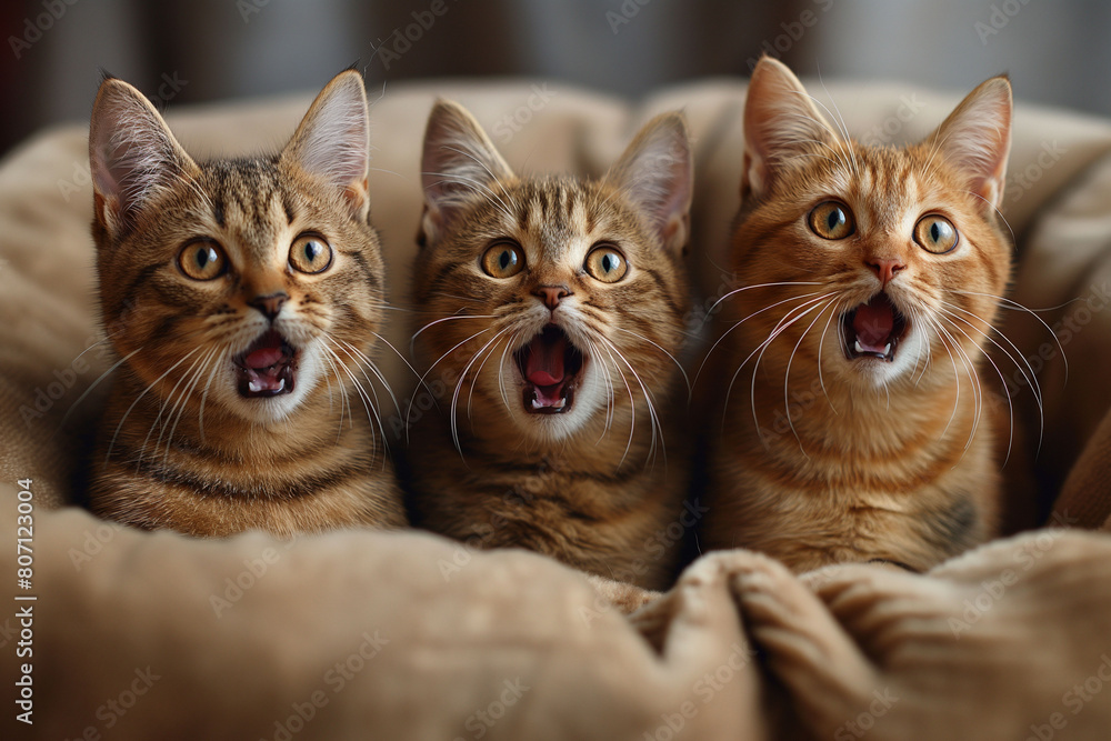 Meme. Three orange tabby cats with wide eyes and open mouths peek over a blanket, expressing surprise or curiosity and screaming. For pet focused content, memes, or expressive animal photography.
