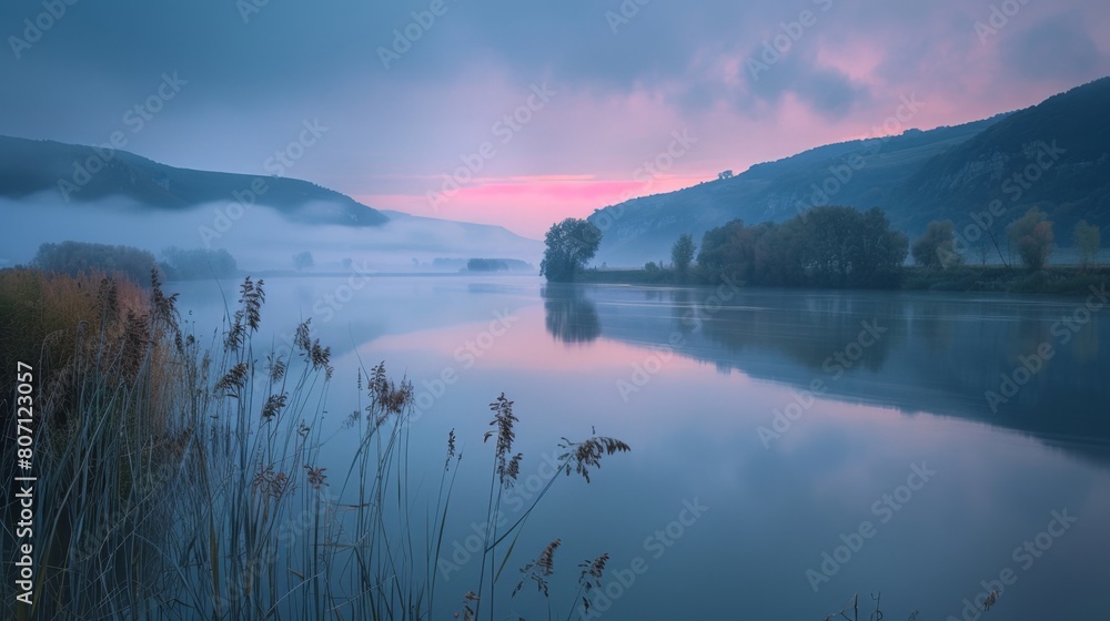 A breathtaking dawn scene with a river softly reflecting the pink skies and misty hills, creating a peaceful and reflective morning atmosphere. A breathtaking dawn scene with a river softly reflecting the pink skies and misty hills, creating a peaceful and reflective morning atmosphere.