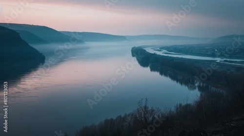 A serene twilight landscape capturing a gentle river bend flowing through mist-covered hills, reflecting a subtle pink sky in the tranquil waters.