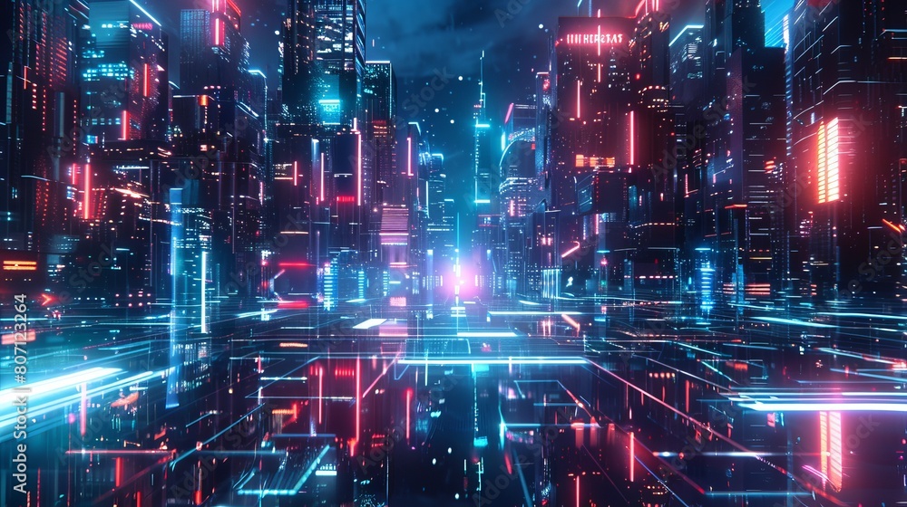 Futuristic cityscape design featuring a multitude of neon lights, creating an extraordinary background wallpaper in a digital art style.